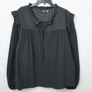 Ella Rafaella Eyelet Top Womens Plus 1X Cotton Ruffles Black Peasant